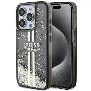 Guess GUHCP15LLFCSEGK funda rígida Liquid Glitter Gold Stripes negra para iPhone 15 Pro 6,1 inch