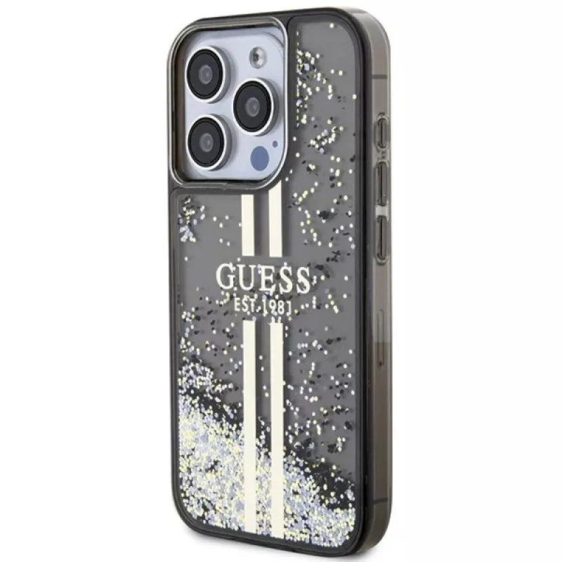 Guess GUHCP15LLFCSEGK funda rígida Liquid Glitter Gold Stripes negra para iPhone 15 Pro 6,1