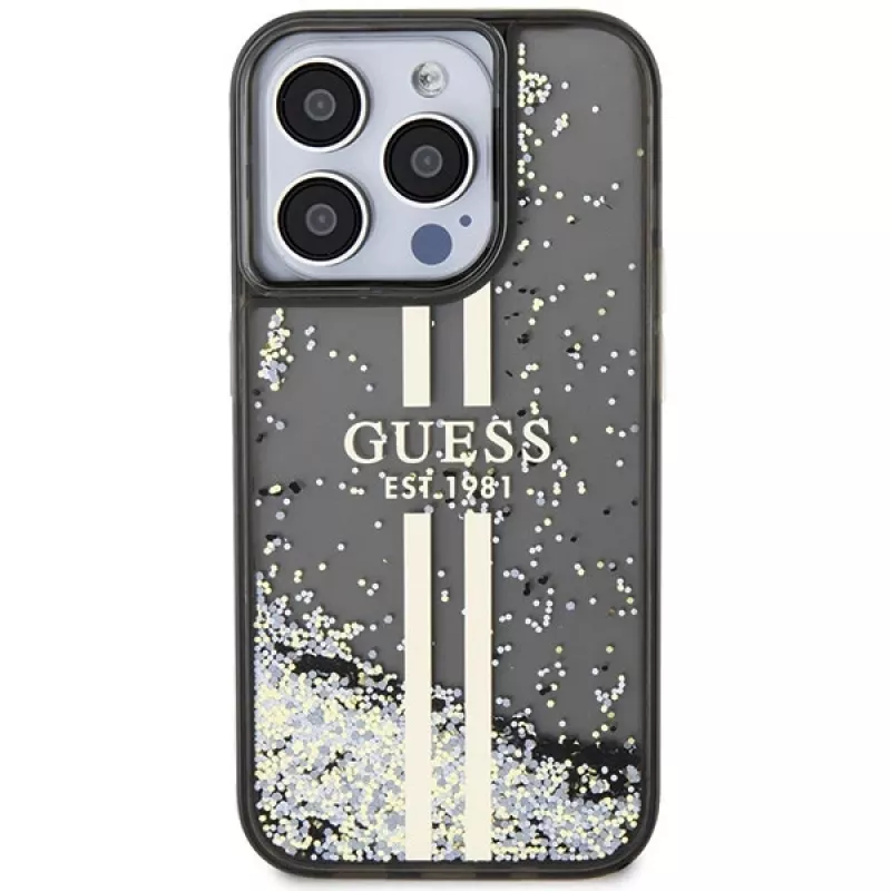 Guess GUHCP15LLFCSEGK funda rígida Liquid Glitter Gold Stripes negra para iPhone 15 Pro 6,1