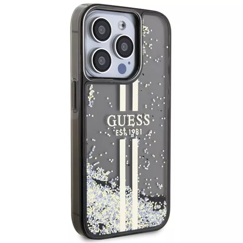 Guess GUHCP15LLFCSEGK funda rígida Liquid Glitter Gold Stripes negra para iPhone 15 Pro 6,1