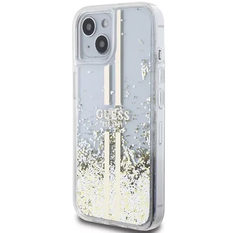 Guess GUHCP15MLFCSEGT funda rígida transparente Liquid Glitter Gold Stripes para iPhone 15 Plus / 14 Plus 6,7