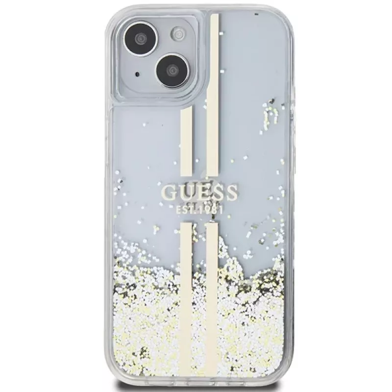Guess GUHCP15MLFCSEGT funda rígida transparente Liquid Glitter Gold Stripes para iPhone 15 Plus / 14 Plus 6,7