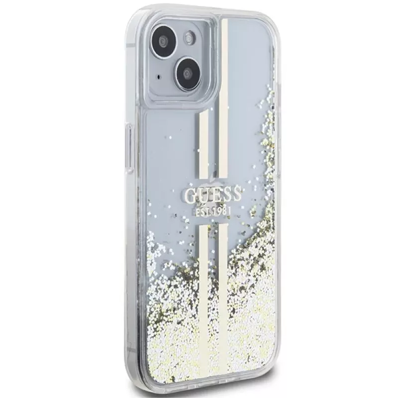 Guess GUHCP15MLFCSEGT funda rígida transparente Liquid Glitter Gold Stripes para iPhone 15 Plus / 14 Plus 6,7