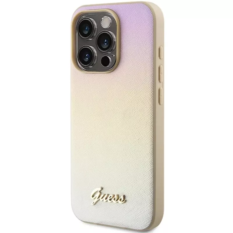 Guess GUHCP14LPSAIRSD funda rígida dorada Saffiano Iridescent Script para iPhone 14 Pro 6,1