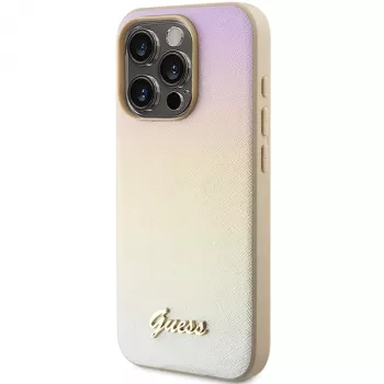 Guess GUHCP15LPSAIRSD funda rígida Saffiano Iridescent Script dorada para Apple iPhone 15 Pro 6,1 inch