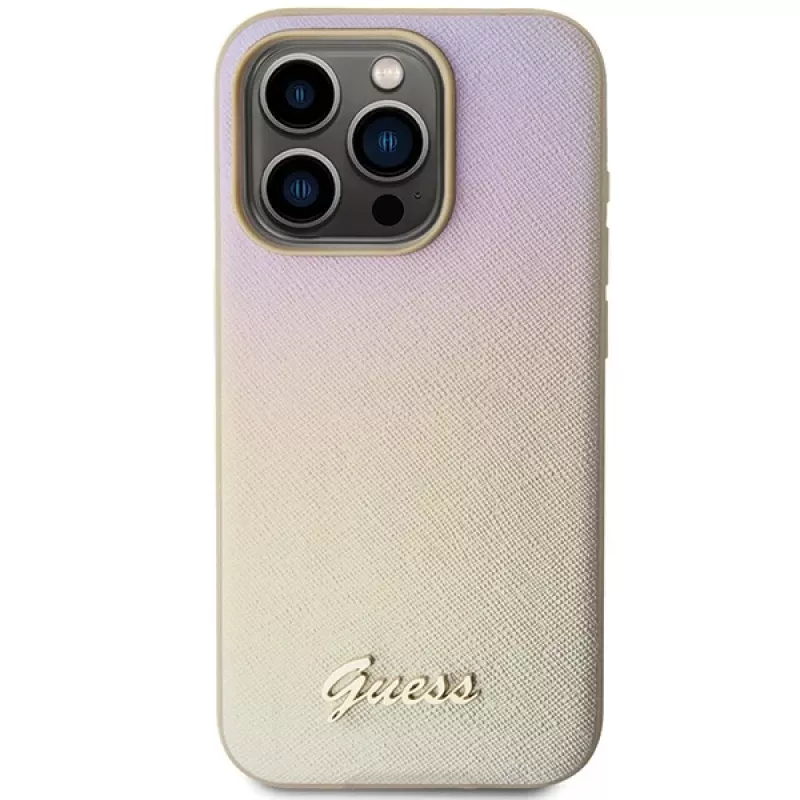 Guess GUHCP15LPSAIRSD funda rígida Saffiano Iridescent Script dorada para Apple iPhone 15 Pro 6,1 inch