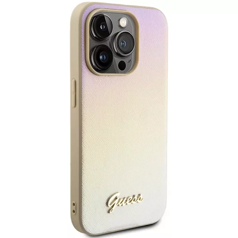 Guess GUHCP15LPSAIRSD funda rígida Saffiano Iridescent Script dorada para Apple iPhone 15 Pro 6,1 inch