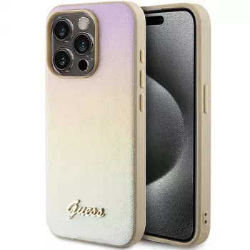 Guess GUHCP15XPSAIRSD funda rígida Saffiano Iridescent Script dorada para iPhone 15 Pro Max