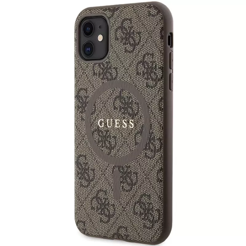 Guess GUHMN61G4GFRW funda rígida de piel marrón con logo metálico MagSafe 4G Collection para Apple iPhone 11 / XR 6,1