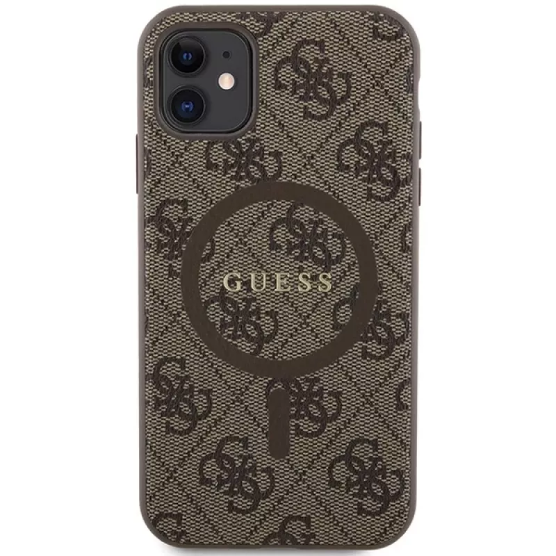 Guess GUHMN61G4GFRW funda rígida de piel marrón con logo metálico MagSafe 4G Collection para Apple iPhone 11 / XR 6,1