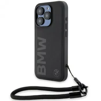 BMW funda rígida Signature Leather Wordmark Cord negra para iPhone 15 Pro 6,1