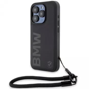 BMW funda rígida Signature Leather negra con cordón para iPhone 15 Pro Max 6,7