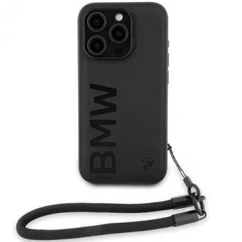 BMW funda rígida Signature Leather negra con cordón para iPhone 15 Pro Max 6,7