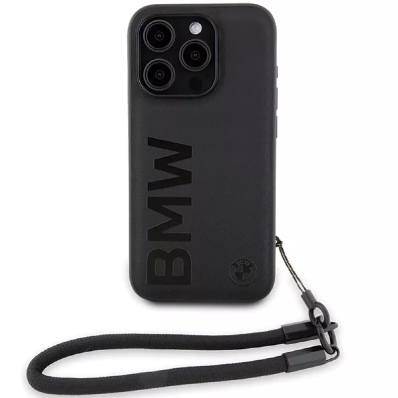 BMW funda rígida Signature Leather negra con cordón para iPhone 15 Pro Max 6,7