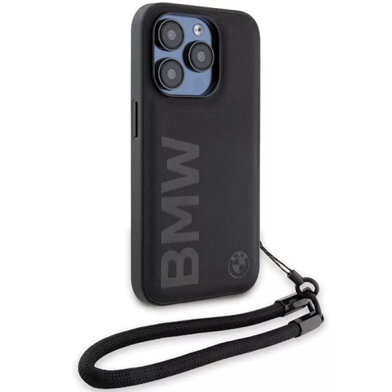 BMW funda rígida Signature Leather negra con cordón para iPhone 15 Pro Max 6,7