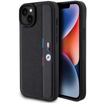 BMW funda rígida M Collection negra perforada Tricolor Line para iPhone 15 Plus / 14 Plus 6,7