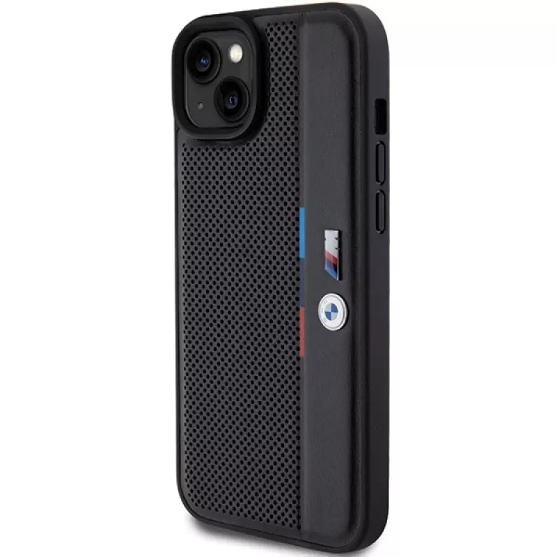 BMW funda rígida M Collection negra perforada Tricolor Line para iPhone 15 Plus / 14 Plus 6,7