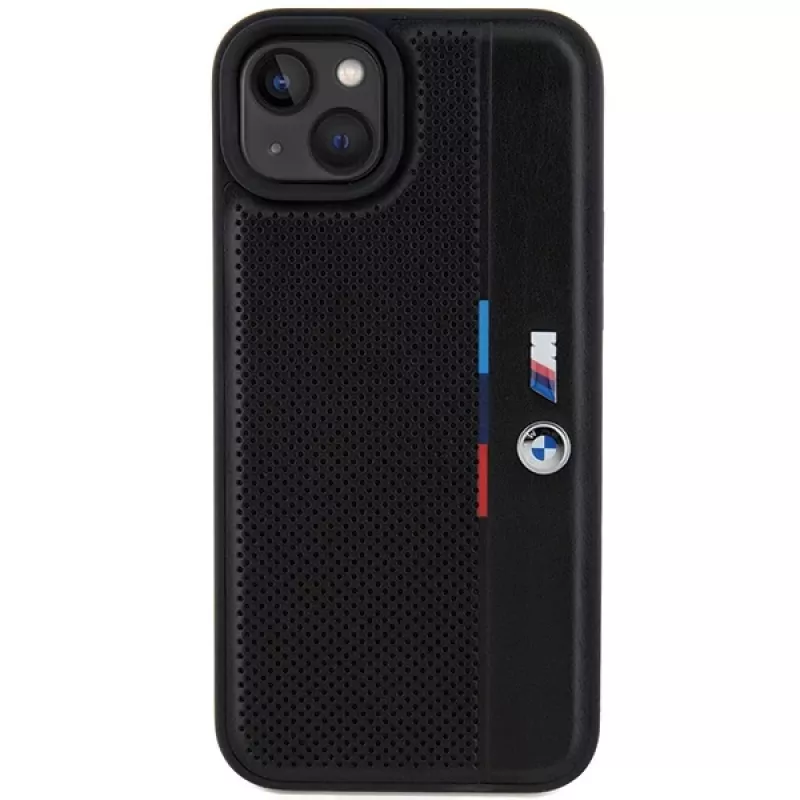 BMW funda rígida M Collection negra perforada Tricolor Line para iPhone 15 Plus / 14 Plus 6,7