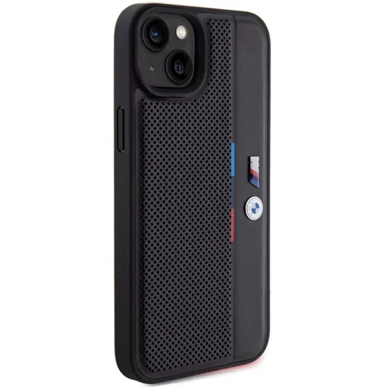 BMW funda rígida M Collection negra perforada Tricolor Line para iPhone 15 Plus / 14 Plus 6,7