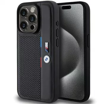 BMW funda rígida Perforated Tricolor Line negra para Apple iPhone 15 Pro 6,1