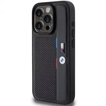 BMW funda rígida Perforated Tricolor Line negra para Apple iPhone 15 Pro 6,1