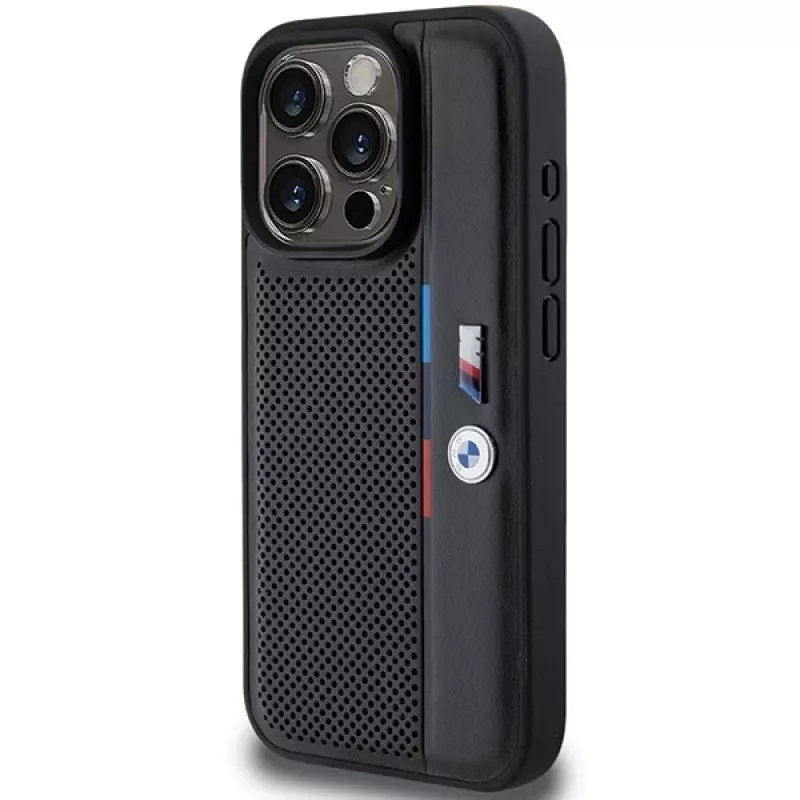 BMW funda rígida Perforated Tricolor Line negra para Apple iPhone 15 Pro 6,1