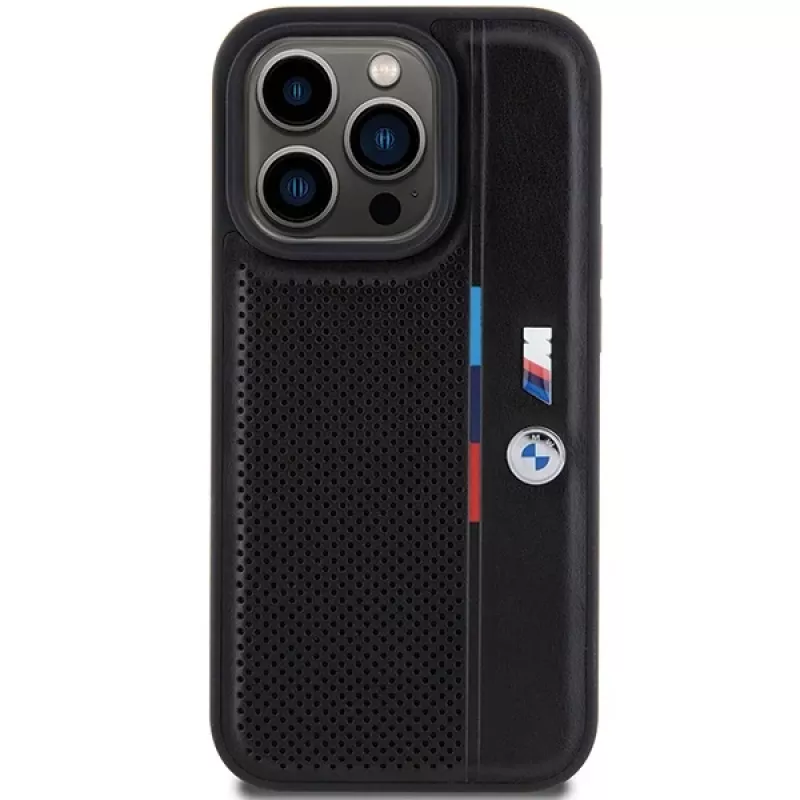 BMW funda rígida Perforated Tricolor Line negra para Apple iPhone 15 Pro 6,1