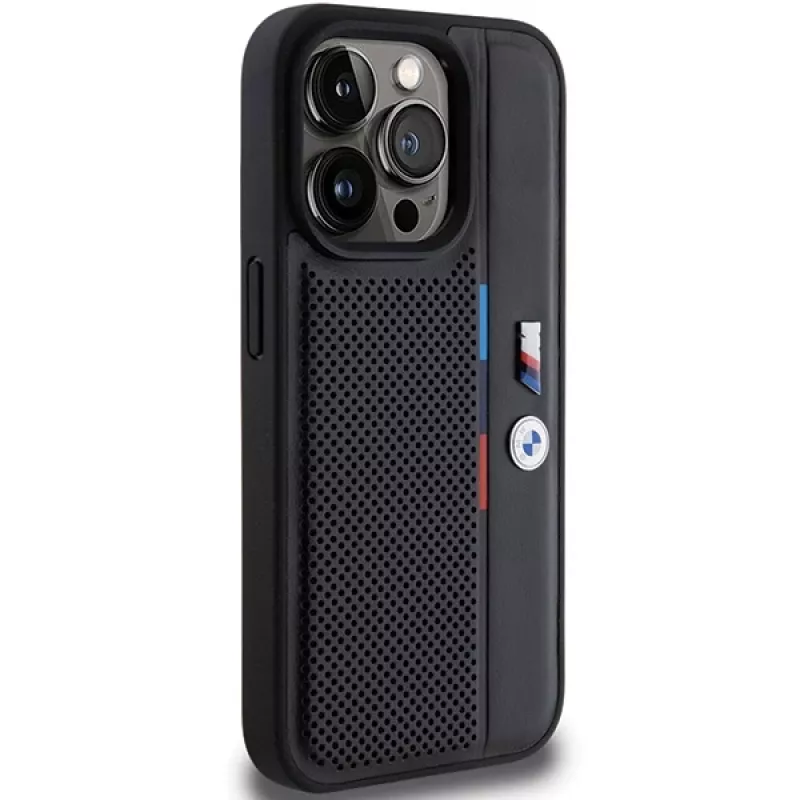 BMW funda rígida Perforated Tricolor Line negra para Apple iPhone 15 Pro 6,1