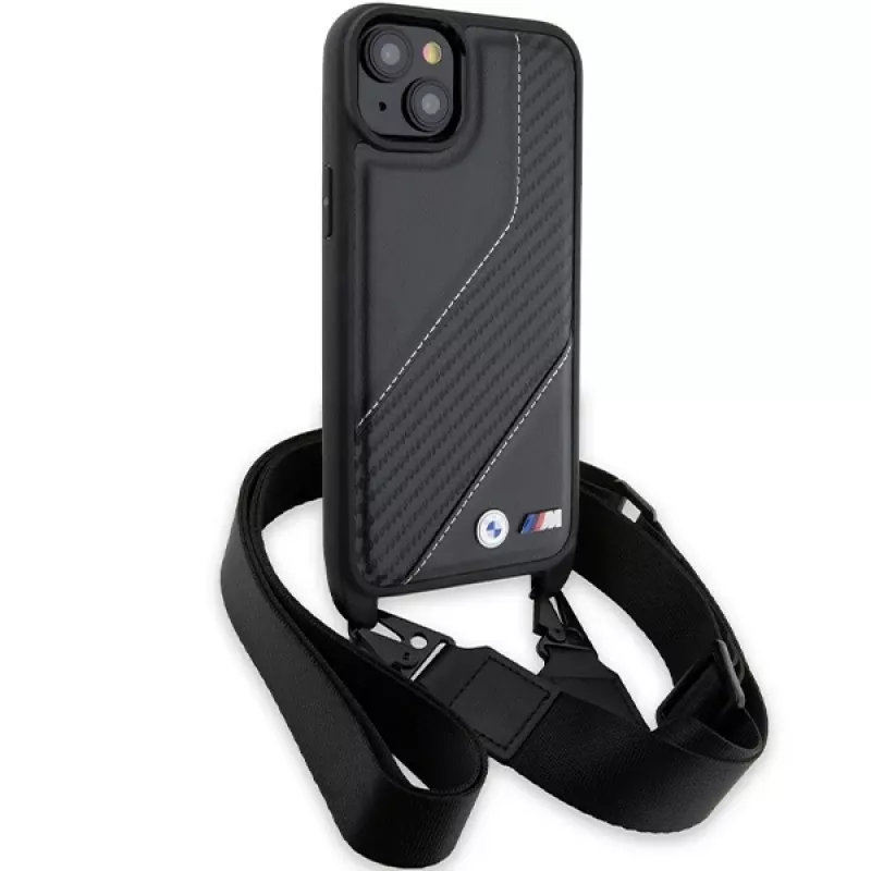 BMW BMHCP15S23PSCCK funda rígida negra M Edition Carbon Stripe & Strap para iPhone 15 / 14 / 13