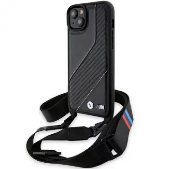 BMW funda rígida M Edition Carbon Stripe & Strap negra para iPhone 15 Plus / 14 Plus 6,7