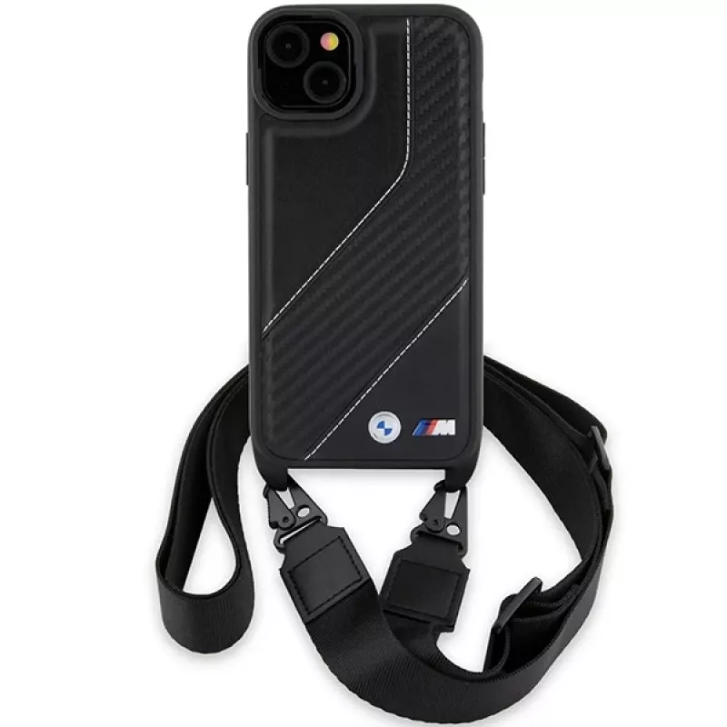 BMW funda rígida M Edition Carbon Stripe & Strap negra para iPhone 15 Plus / 14 Plus 6,7