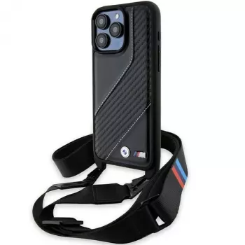 BMW BMHCP15L23PSCCK funda rígida negra M Edition Carbon Stripe & Strap para iPhone 15 Pro 6,1