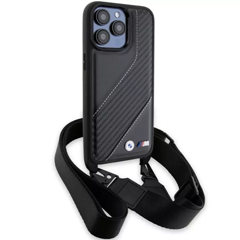 BMW BMHCP15L23PSCCK funda rígida negra M Edition Carbon Stripe & Strap para iPhone 15 Pro 6,1 inch