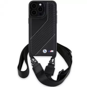 BMW BMHCP15X23PSCCK funda rígida negra M Edition Carbon Stripe & Strap para iPhone 15 Pro Max 6,7