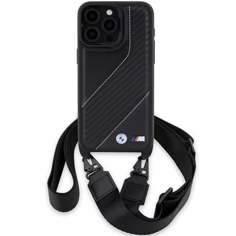 BMW BMHCP15X23PSCCK funda rígida negra M Edition Carbon Stripe & Strap para iPhone 15 Pro Max 6,7