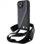 BMW BMHCP15S23PSVTK funda rígida negra M Edition Carbon Tricolor Lines & Strap para iPhone 15 / 14 / 13
