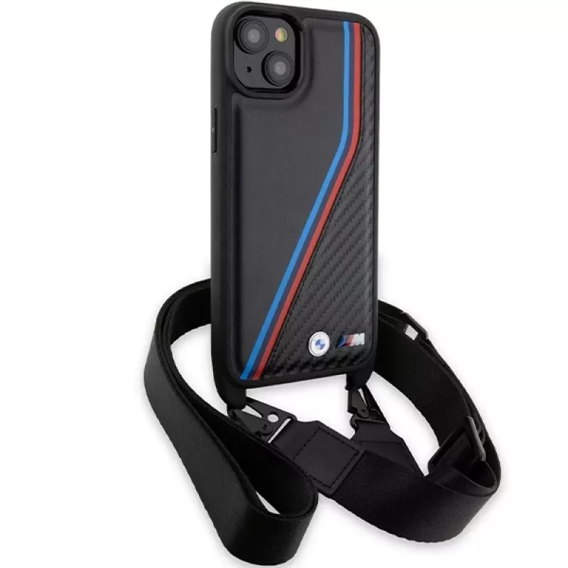 BMW BMHCP15S23PSVTK funda rígida negra M Edition Carbon Tricolor Lines & Strap para iPhone 15 / 14 / 13