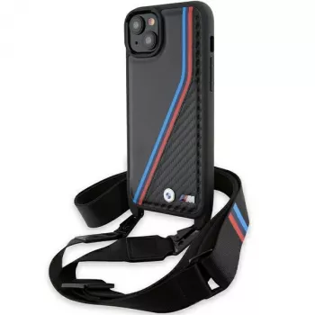 BMW funda rígida M Edition Carbon Tricolor Lines negra con correa para iPhone 15 Plus / 14 Plus 6,7