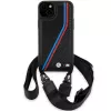 BMW funda rígida M Edition Carbon Tricolor Lines negra con correa para iPhone 15 Plus / 14 Plus 6,7