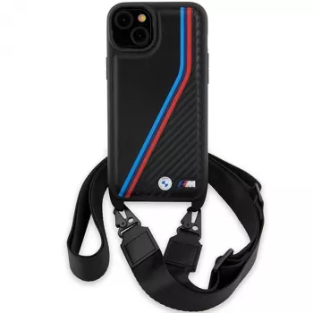 BMW funda rígida M Edition Carbon Tricolor Lines negra con correa para iPhone 15 Plus / 14 Plus 6,7