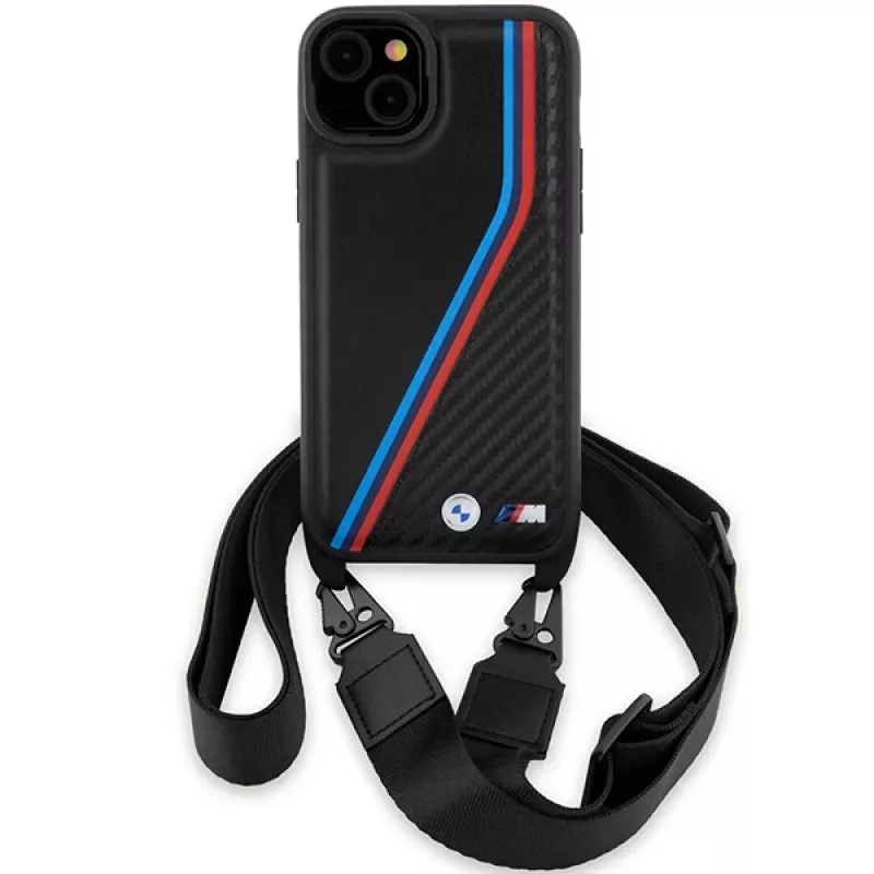 BMW funda rígida M Edition Carbon Tricolor Lines negra con correa para iPhone 15 Plus / 14 Plus 6,7
