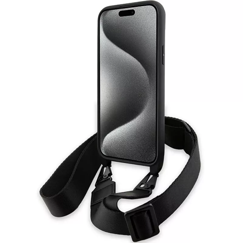 BMW funda rígida M Edition Carbon Tricolor Lines negra con correa para iPhone 15 Plus / 14 Plus 6,7