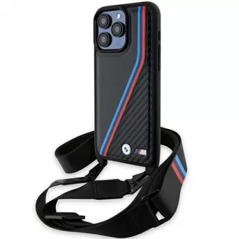 BMW funda rígida M Edition Carbon Tricolor Lines negra con correa para Apple iPhone 15 Pro 6,1