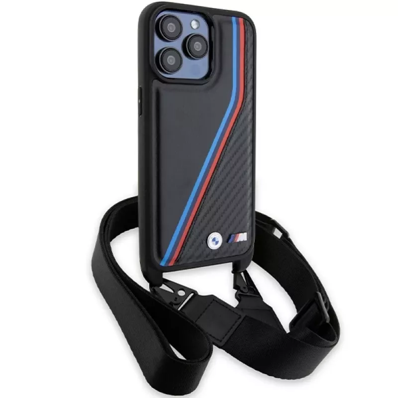 BMW funda rígida M Edition Carbon Tricolor Lines negra con correa para Apple iPhone 15 Pro 6,1 inch