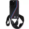 BMW funda rígida M Edition Carbon Tricolor Lines negra con correa de mano para Apple iPhone 15 Pro Max 6,7