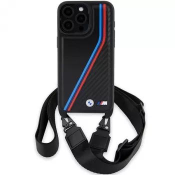 BMW funda rígida M Edition Carbon Tricolor Lines negra con correa de mano para Apple iPhone 15 Pro Max 6,7