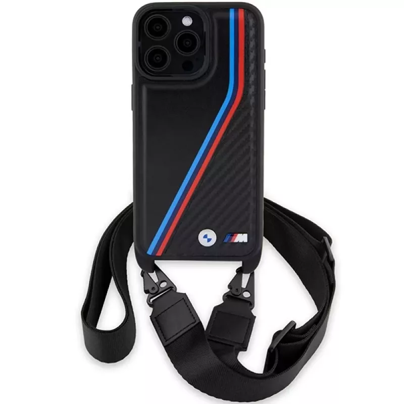 BMW funda rígida M Edition Carbon Tricolor Lines negra con correa de mano para Apple iPhone 15 Pro Max 6,7