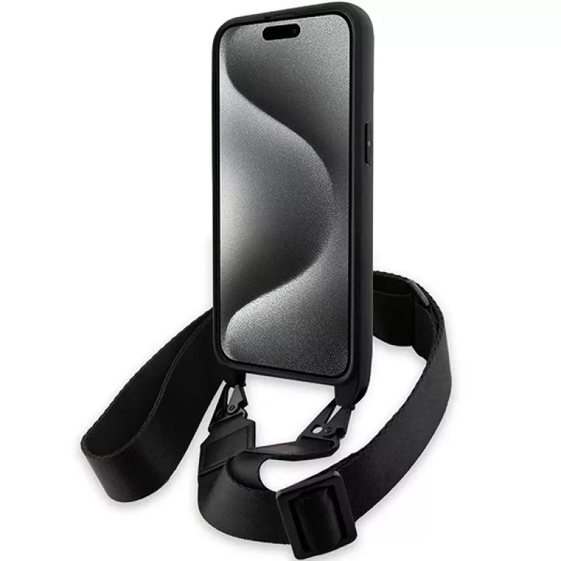 BMW funda rígida M Edition Carbon Tricolor Lines negra con correa de mano para Apple iPhone 15 Pro Max 6,7