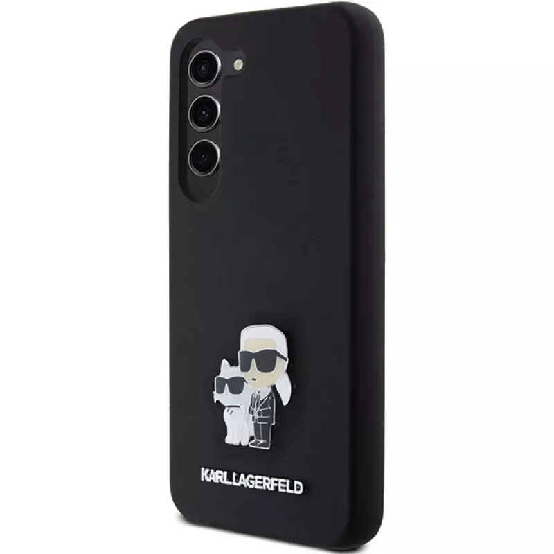 Funda rígida Karl Lagerfeld KLHCS23SSMHKCNPK S23 S911 negra de silicona Karl & Choupette Metal Pin
