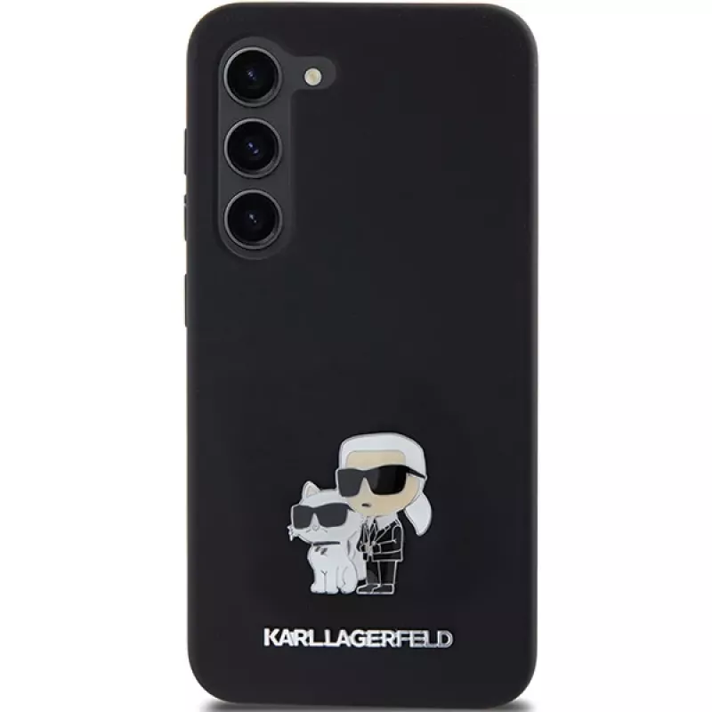 Funda rígida Karl Lagerfeld KLHCS23SSMHKCNPK S23 S911 negra de silicona Karl & Choupette Metal Pin